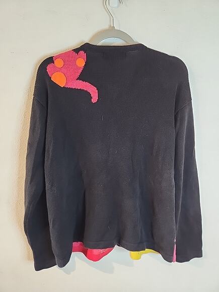 Vintage 1990s Terazzo Pink Cat Cardigan Sweater Art Deco Cars Modern Large - Picture 6 of 7